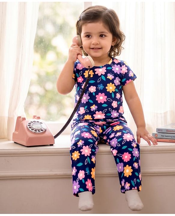 Babyhug 100% Cotton Knit Half Sleeves T-Shirt & Pyjama Co-ord Night Suit with Floral Print - Navy Blue
