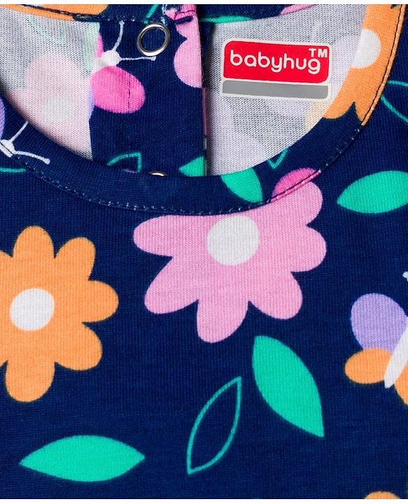 Babyhug 100% Cotton Knit Half Sleeves T-Shirt & Pyjama Co-ord Night Suit with Floral Print - Navy Blue