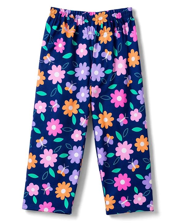 Babyhug 100% Cotton Knit Half Sleeves T-Shirt & Pyjama Co-ord Night Suit with Floral Print - Navy Blue