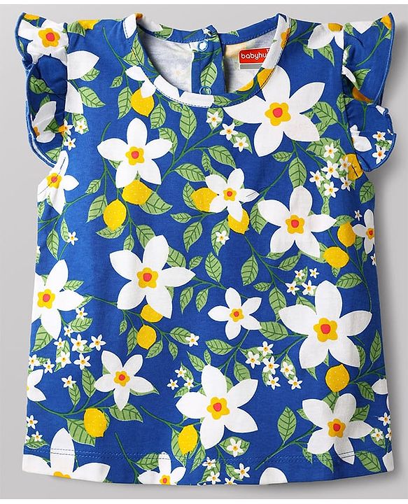 Babyhug 100% Cotton Knit Half Sleeves Co-Ord Top & Pyjama Night Suit With Floral Print - Blue