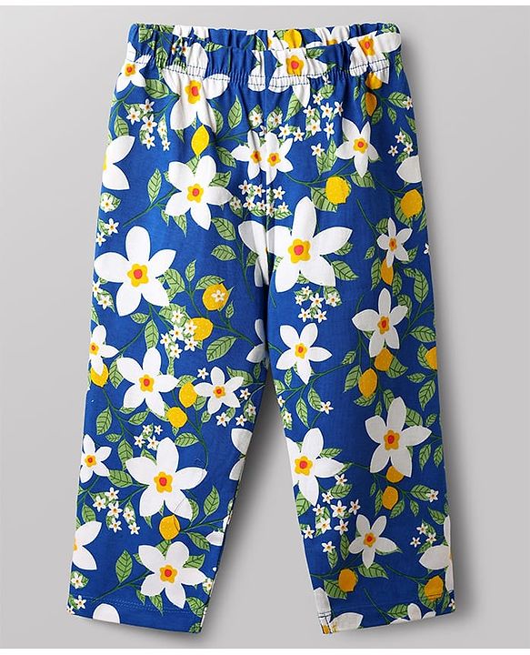 Babyhug 100% Cotton Knit Half Sleeves Co-Ord Top & Pyjama Night Suit With Floral Print - Blue