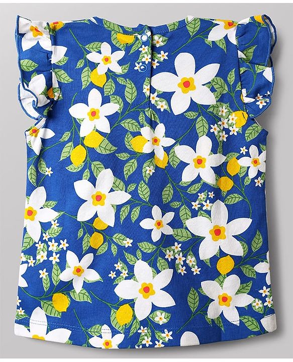 Babyhug 100% Cotton Knit Half Sleeves Co-Ord Top & Pyjama Night Suit With Floral Print - Blue