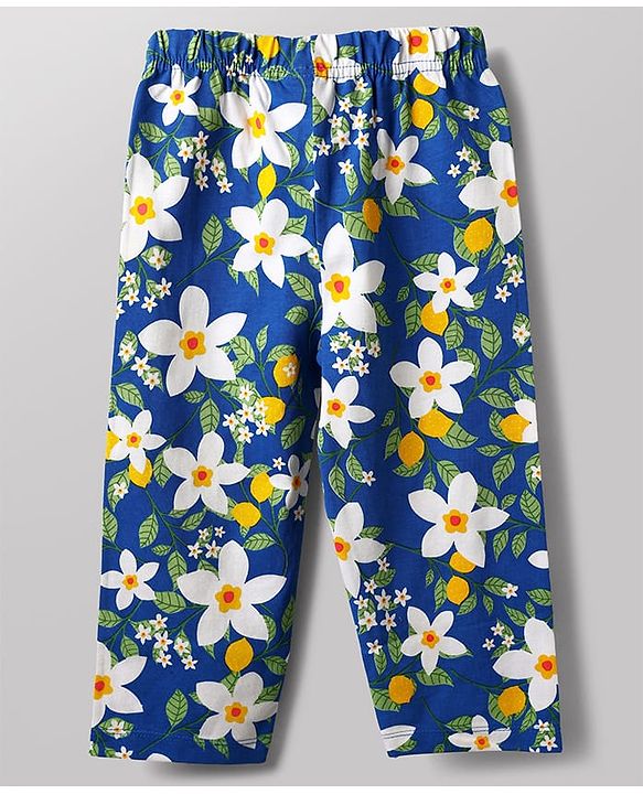 Babyhug 100% Cotton Knit Half Sleeves Co-Ord Top & Pyjama Night Suit With Floral Print - Blue