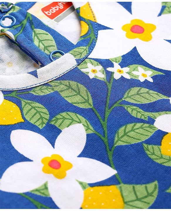 Babyhug 100% Cotton Knit Half Sleeves Co-Ord Top & Pyjama Night Suit With Floral Print - Blue