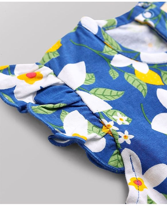 Babyhug 100% Cotton Knit Half Sleeves Co-Ord Top & Pyjama Night Suit With Floral Print - Blue