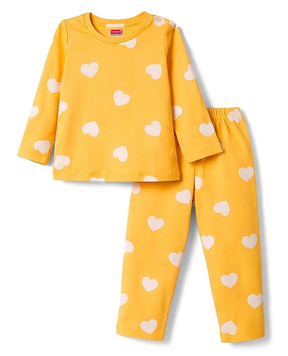 Babyhug 100% Cotton Knit Full Sleeves T-Shirt & Pyjama Co-ord Night Suit with Heart Print - Yellow