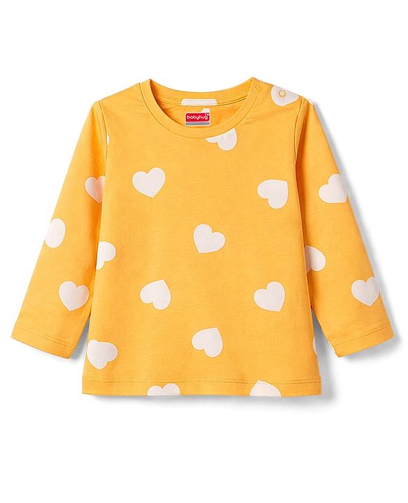 Babyhug 100% Cotton Knit Full Sleeves T-Shirt & Pyjama Co-ord Night Suit with Heart Print - Yellow