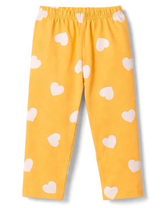 Babyhug 100% Cotton Knit Full Sleeves T-Shirt & Pyjama Co-ord Night Suit with Heart Print - Yellow
