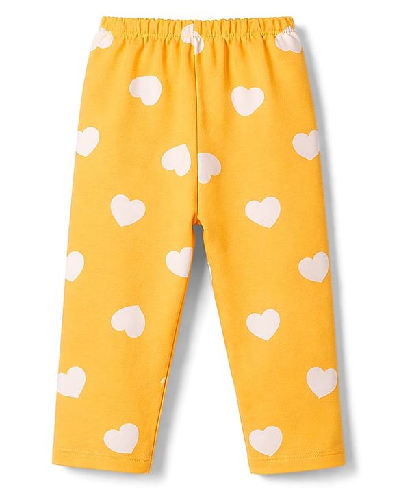 Babyhug 100% Cotton Knit Full Sleeves T-Shirt & Pyjama Co-ord Night Suit with Heart Print - Yellow