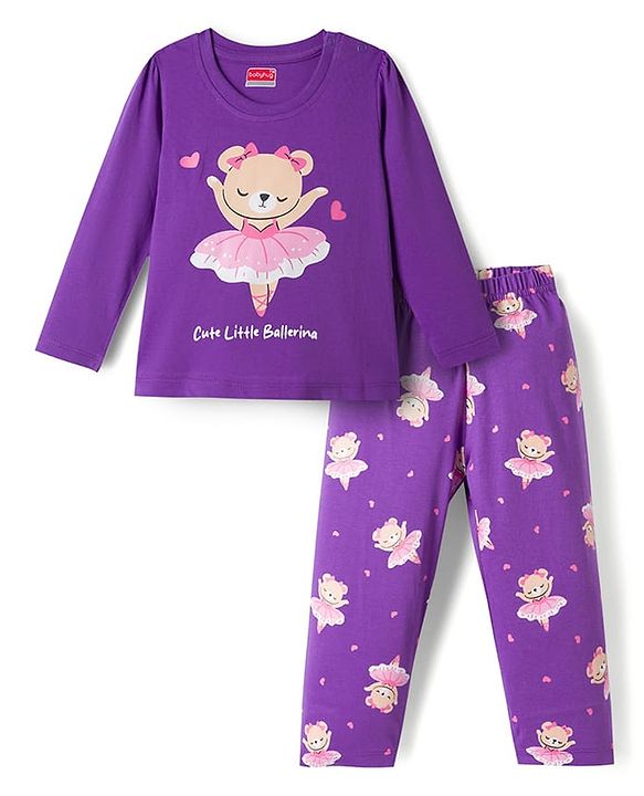 Babyhug 100% Cotton Knit Full Sleeves Bear Printed T-Shirt & Pajama Night Suit -Purple