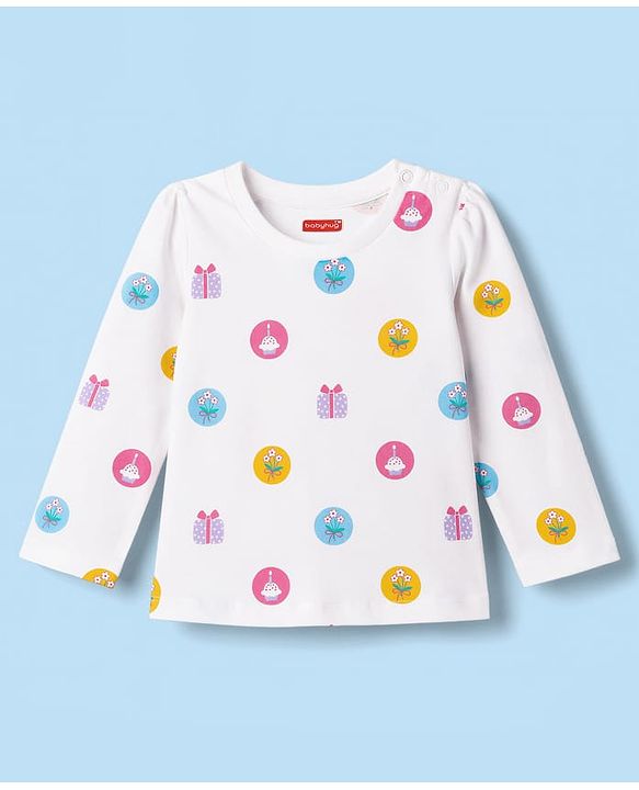 Babyhug Cotton Knit Full Sleeves T-Shirt & Pyjama Co-ord Night Suit with Cupcake Print - White