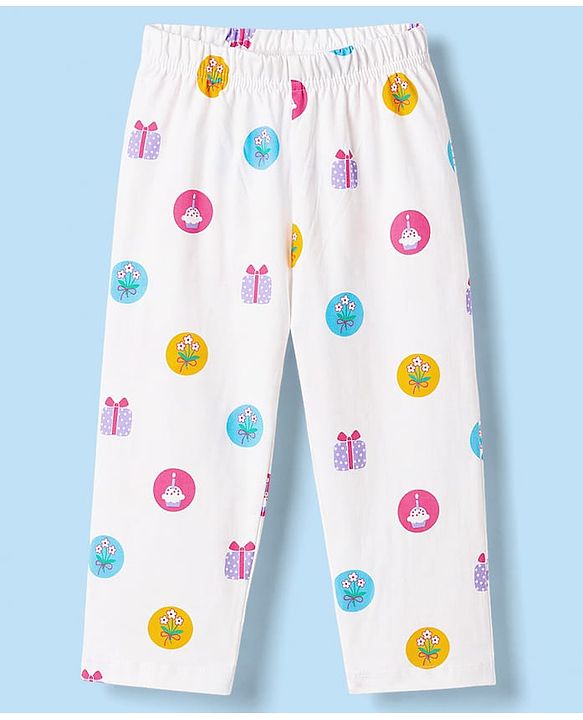 Babyhug Cotton Knit Full Sleeves T-Shirt & Pyjama Co-ord Night Suit with Cupcake Print - White