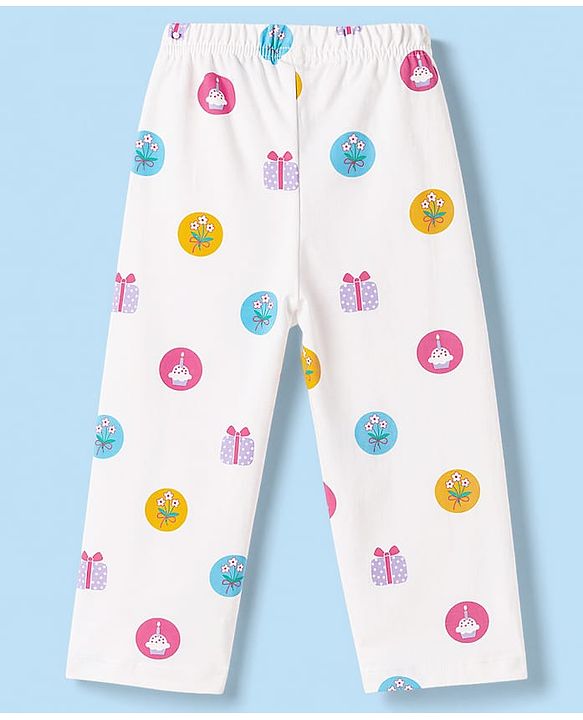Babyhug Cotton Knit Full Sleeves T-Shirt & Pyjama Co-ord Night Suit with Cupcake Print - White