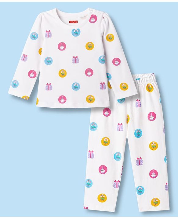 Babyhug Cotton Knit Full Sleeves T-Shirt & Pyjama Co-ord Night Suit with Cupcake Print - White
