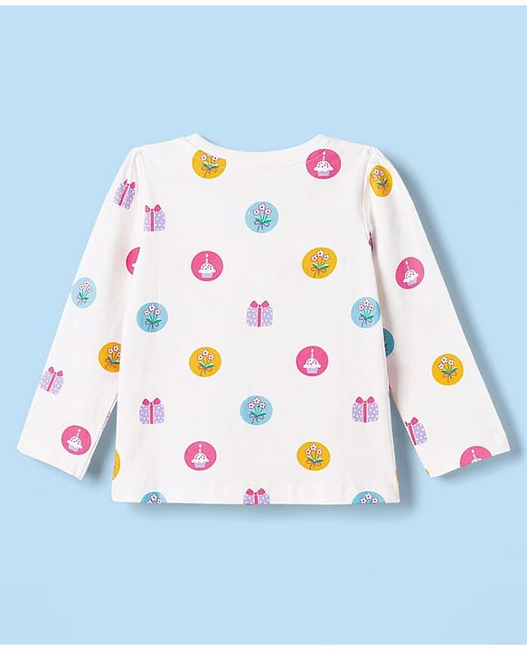 Babyhug Cotton Knit Full Sleeves T-Shirt & Pyjama Co-ord Night Suit with Cupcake Print - White