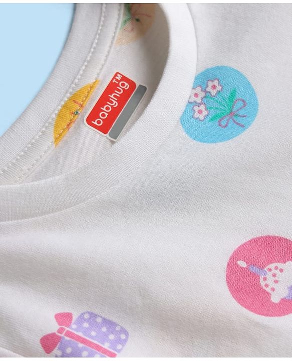Babyhug Cotton Knit Full Sleeves T-Shirt & Pyjama Co-ord Night Suit with Cupcake Print - White