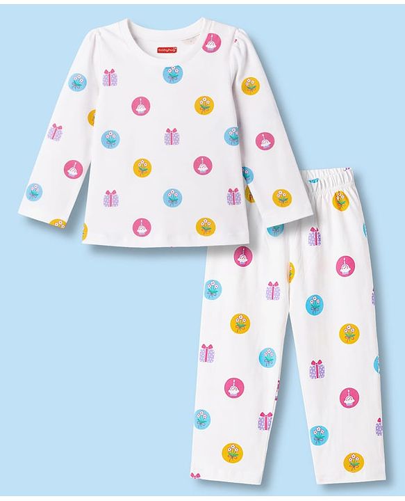 Babyhug Cotton Knit Full Sleeves T-Shirt & Pyjama Co-ord Night Suit with Cupcake Print - White