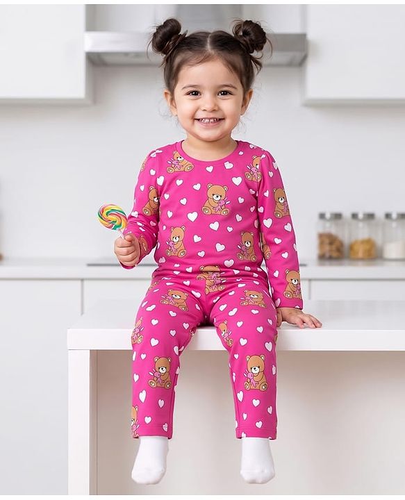 Babyhug 100% Cotton Knit Full Sleeves Co-Ords Bear Printed T-Shirt & Pajama Night Suit - Pink