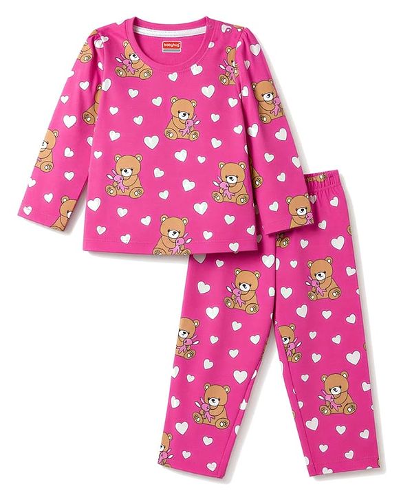 Babyhug 100% Cotton Knit Full Sleeves Co-Ords Bear Printed T-Shirt & Pajama Night Suit - Pink