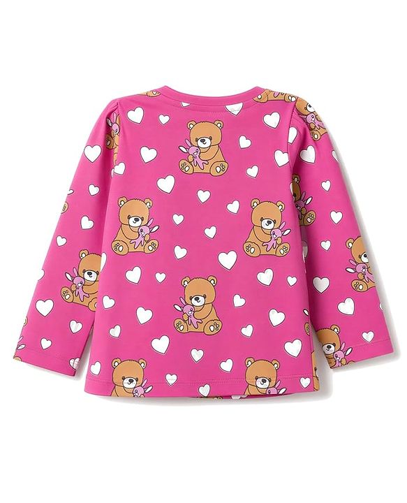 Babyhug 100% Cotton Knit Full Sleeves Co-Ords Bear Printed T-Shirt & Pajama Night Suit - Pink