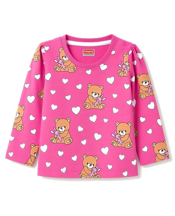 Babyhug 100% Cotton Knit Full Sleeves Co-Ords Bear Printed T-Shirt & Pajama Night Suit - Pink
