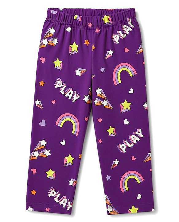 Babyhug 100% Cotton Knit Full Sleeves Co-Ords Rainbow Printed T-Shirt & Pajama Night Suit - Purple