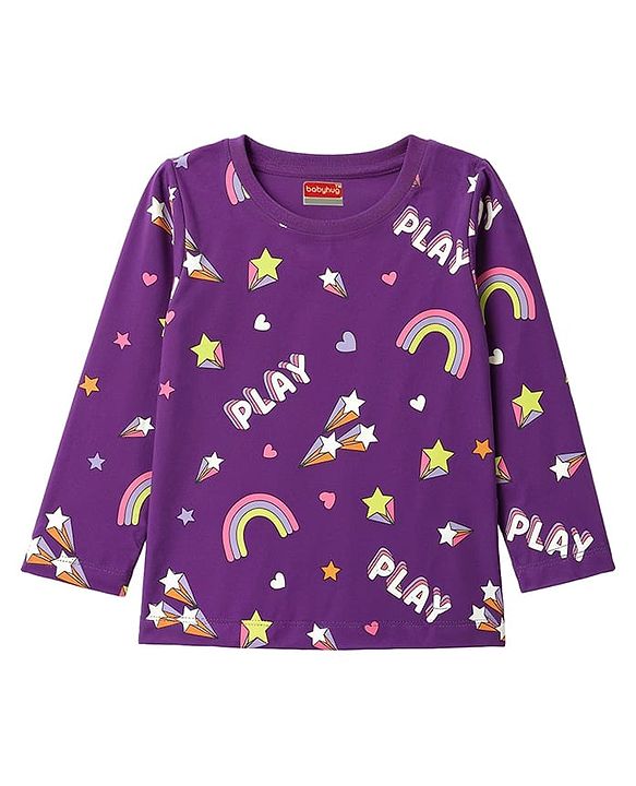 Babyhug 100% Cotton Knit Full Sleeves Co-Ords Rainbow Printed T-Shirt & Pajama Night Suit - Purple