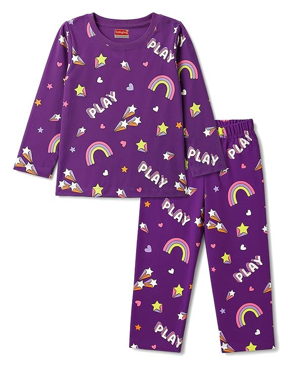 Babyhug 100% Cotton Knit Full Sleeves Co-Ords Rainbow Printed T-Shirt & Pajama Night Suit - Purple
