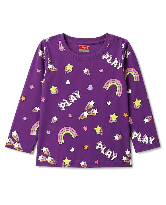 Babyhug 100% Cotton Knit Full Sleeves Co-Ords Rainbow Printed T-Shirt & Pajama Night Suit - Purple