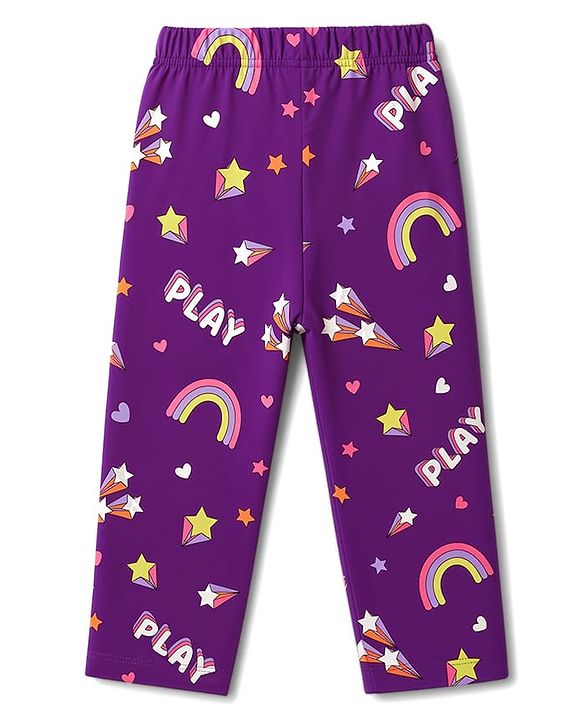 Babyhug 100% Cotton Knit Full Sleeves Co-Ords Rainbow Printed T-Shirt & Pajama Night Suit - Purple