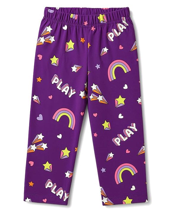 Babyhug 100% Cotton Knit Full Sleeves Co-Ords Rainbow Printed T-Shirt & Pajama Night Suit - Purple