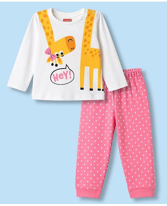 Babyhug 100% Cotton Knit Full Sleeves T-Shirt & Polka Dot Pyjama Night Suit With Giraffe Print - White