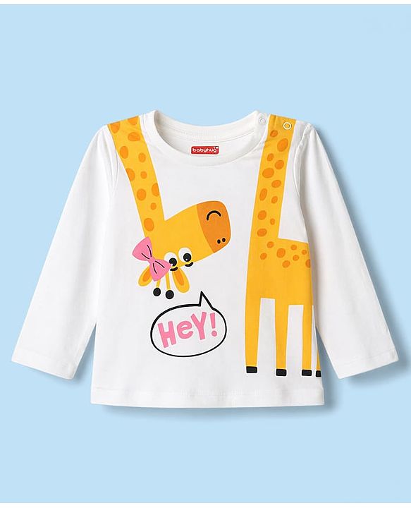 Babyhug 100% Cotton Knit Full Sleeves T-Shirt & Polka Dot Pyjama Night Suit With Giraffe Print - White
