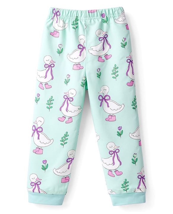 Babyhug 100% Cotton Knit Half Sleeves T-Shirt & Pyjama Co-ord Night Suit with Duck Print - Sea Green