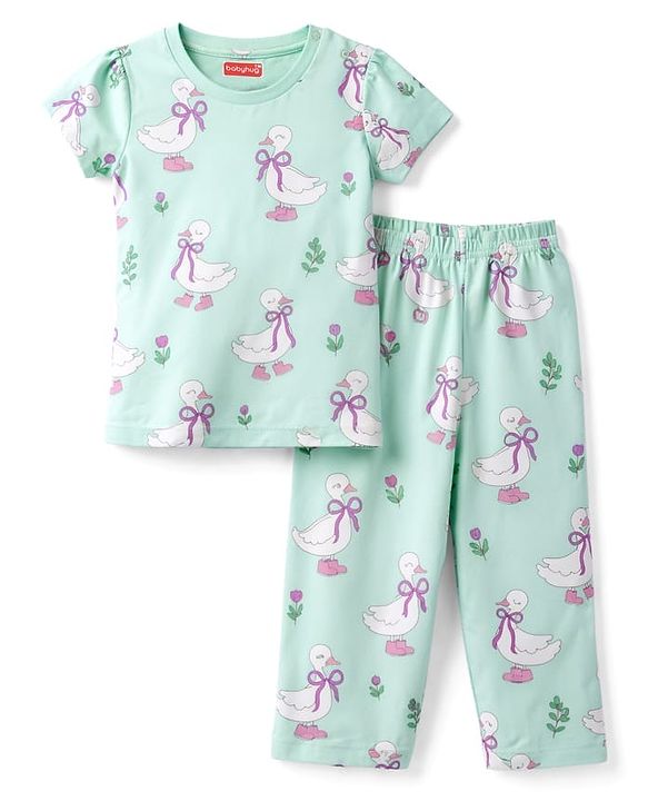 Babyhug 100% Cotton Knit Half Sleeves T-Shirt & Pyjama Co-ord Night Suit with Duck Print - Sea Green