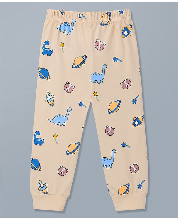 Babyhug 100% Cotton Knit Full Sleeves T-Shirt & Pyjama Night Suit With Animal & Space Print - White