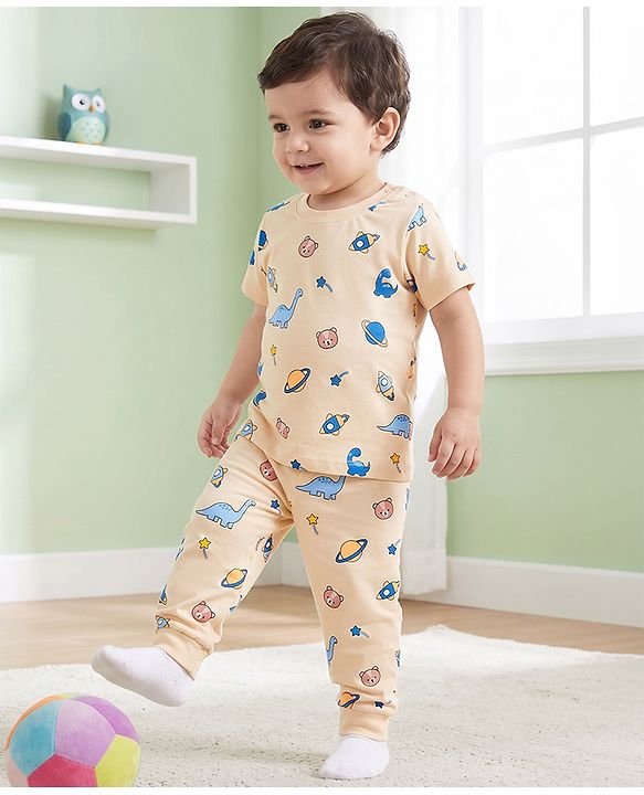 Babyhug 100% Cotton Knit Full Sleeves T-Shirt & Pyjama Night Suit With Animal & Space Print - White