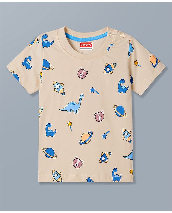 Babyhug 100% Cotton Knit Full Sleeves T-Shirt & Pyjama Night Suit With Animal & Space Print - White