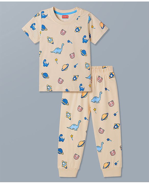 Babyhug 100% Cotton Knit Full Sleeves T-Shirt & Pyjama Night Suit With Animal & Space Print - White