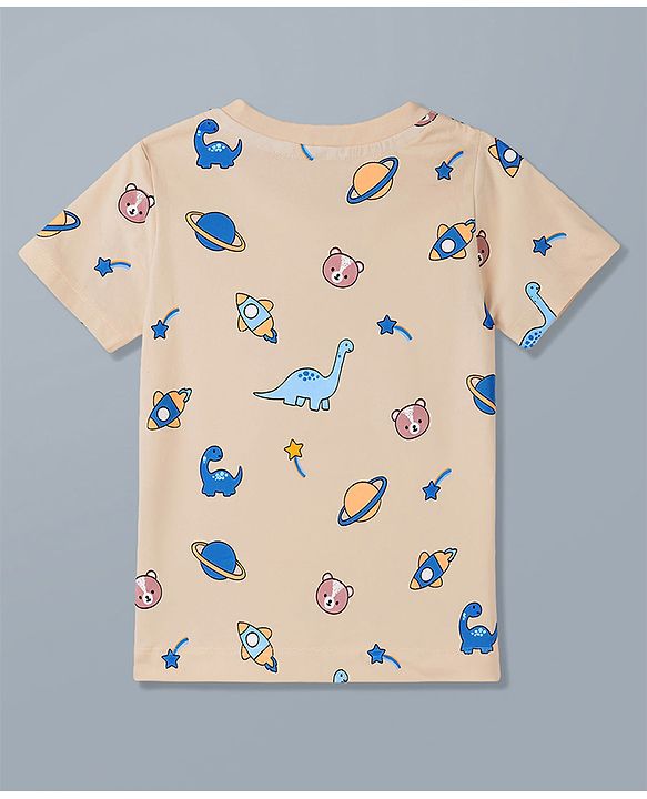 Babyhug 100% Cotton Knit Full Sleeves T-Shirt & Pyjama Night Suit With Animal & Space Print - White