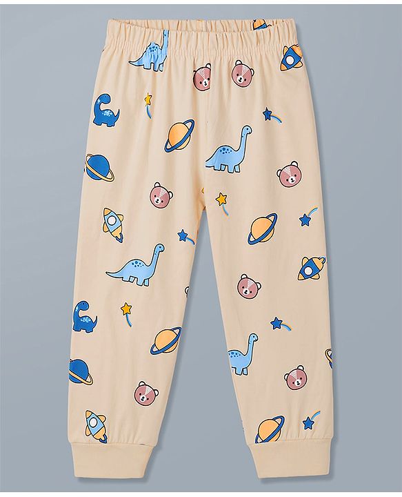 Babyhug 100% Cotton Knit Full Sleeves T-Shirt & Pyjama Night Suit With Animal & Space Print - White