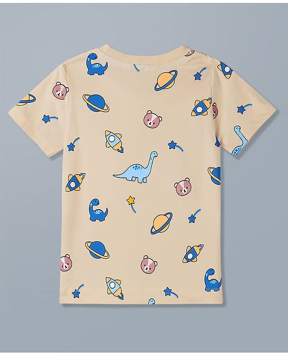 Babyhug 100% Cotton Knit Full Sleeves T-Shirt & Pyjama Night Suit With Animal & Space Print - White