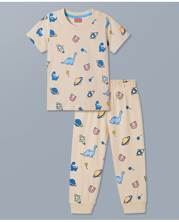 Babyhug 100% Cotton Knit Full Sleeves T-Shirt & Pyjama Night Suit With Animal & Space Print - White