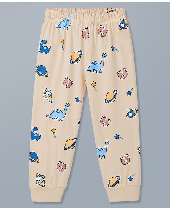 Babyhug 100% Cotton Knit Full Sleeves T-Shirt & Pyjama Night Suit With Animal & Space Print - White