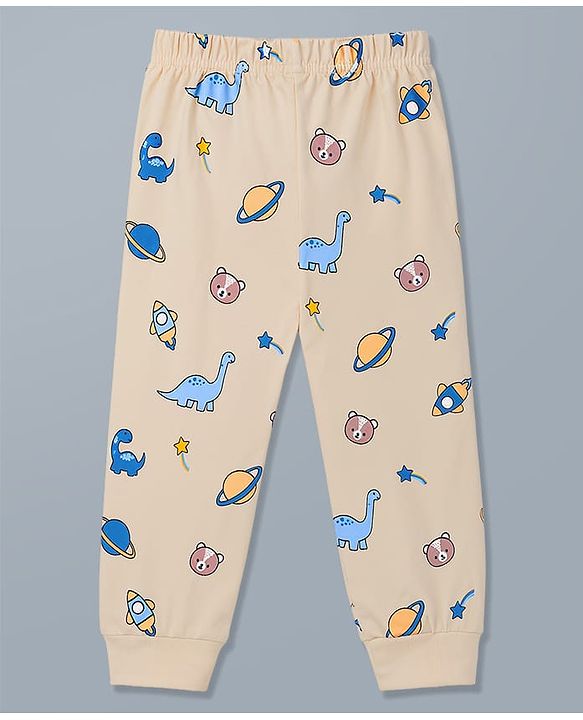 Babyhug 100% Cotton Knit Full Sleeves T-Shirt & Pyjama Night Suit With Animal & Space Print - White