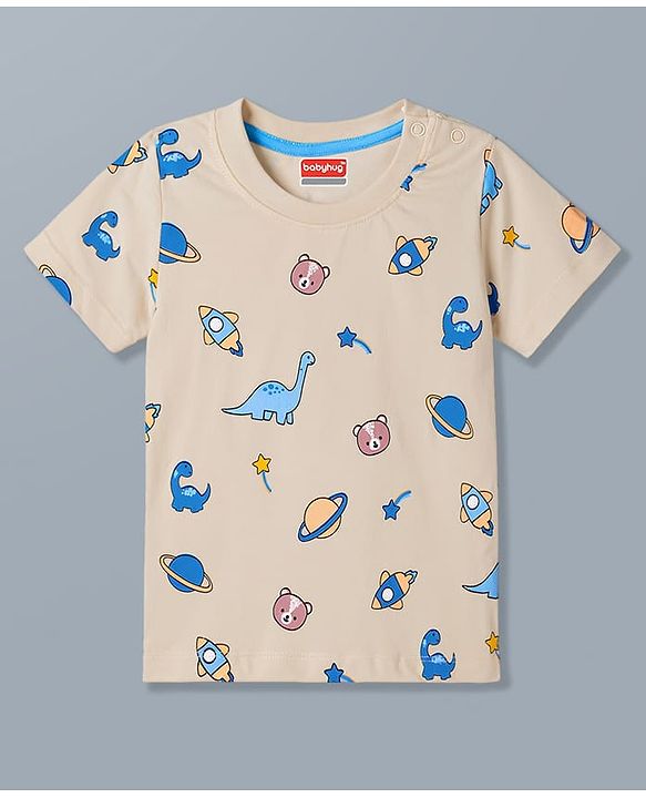 Babyhug 100% Cotton Knit Full Sleeves T-Shirt & Pyjama Night Suit With Animal & Space Print - White