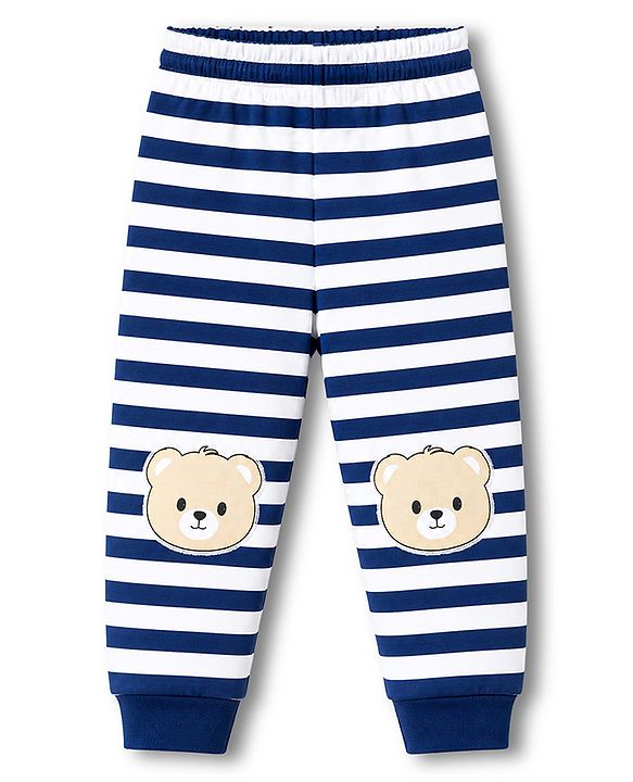 Babyhug Cotton Knit Half Sleeves T-Shirt & Striped Pyjama Night Suit With Bear Print - Navy Blue