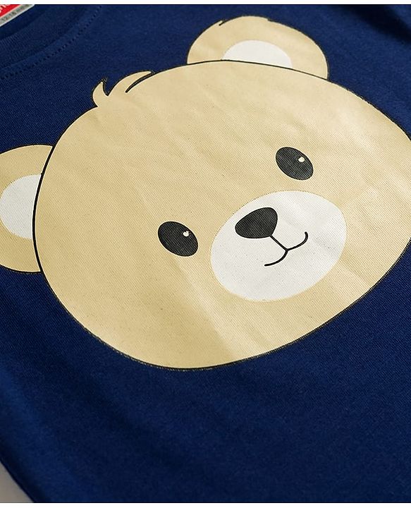 Babyhug Cotton Knit Half Sleeves T-Shirt & Striped Pyjama Night Suit With Bear Print - Navy Blue