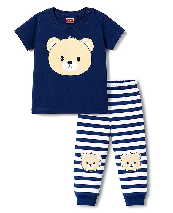 Babyhug Cotton Knit Half Sleeves T-Shirt & Striped Pyjama Night Suit With Bear Print - Navy Blue