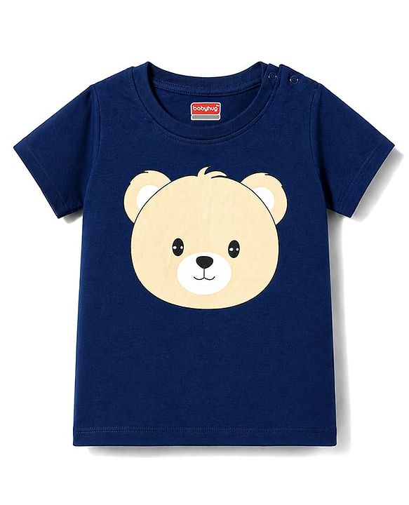 Babyhug Cotton Knit Half Sleeves T-Shirt & Striped Pyjama Night Suit With Bear Print - Navy Blue